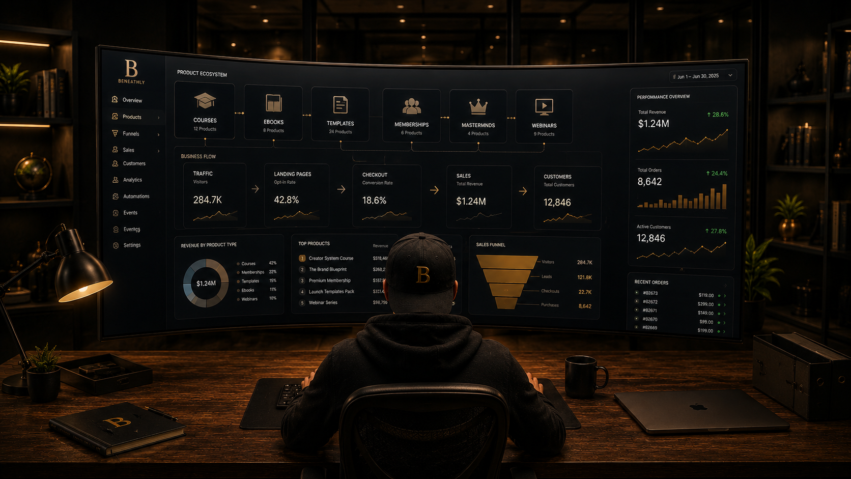 A Beneathly operator viewing the connected product ecosystem behind a creator's business